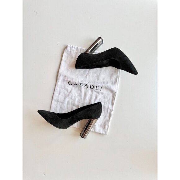CASADEI Black Suede Leather Pointed Toe High Mirrored Block Heel Pumps, Size 36 - Picture 1 of 16